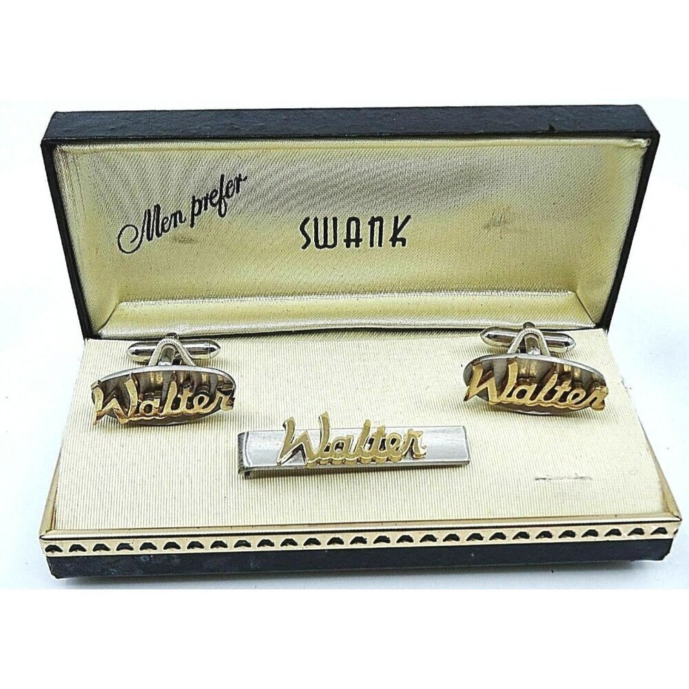 WALTER Name Vintage Cufflinks Tie Clip Bar Set Swank NOS Original Box 1950s